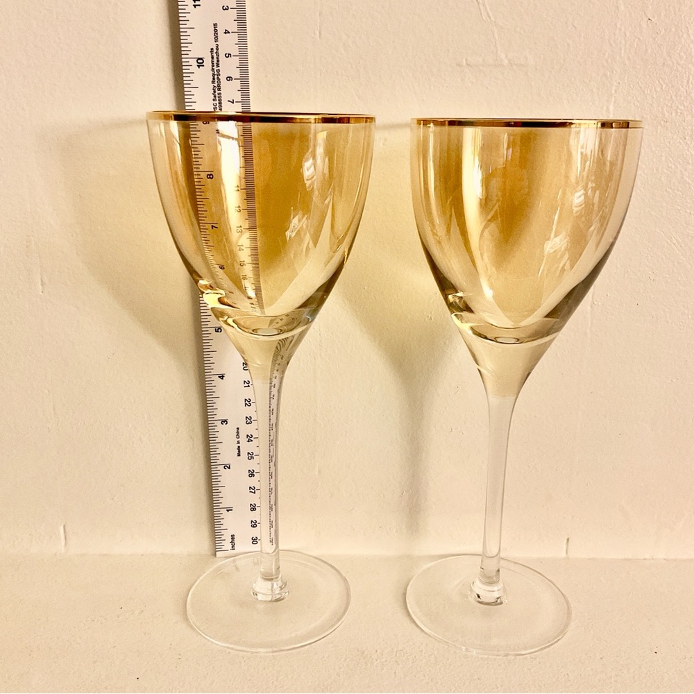 Anthropologie Gold Rim Iridescent Amber Wine Glasses 9.25” Set of 2 - Picture 4 of 6